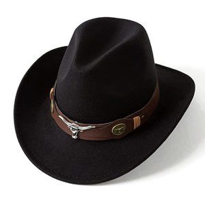 NEW Black Brown Bulls Accent Faux Leather Band Felt Cowboy Cowgirl Western Hat